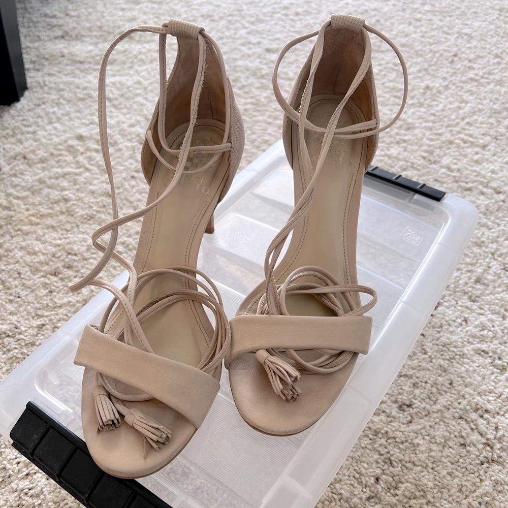 Vince Camuto strap up heel with tassel ends size 8